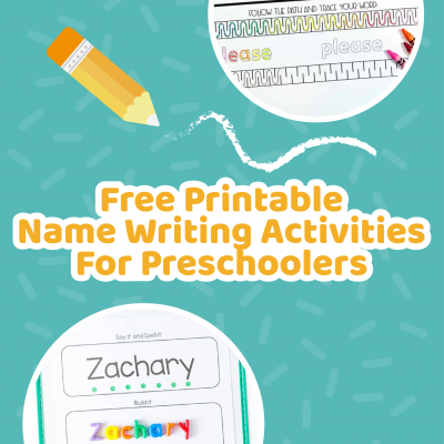 Image shows circular pictures of printable activity sheets with a green background and tiny pencil images and white squiggly lines from Kids Activities Blog.