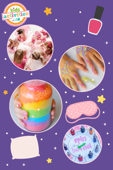 Image shows a purple background with yellow stars and white speckles with a collage of circles with pictures of various sleepover activities from Kids Activities Blog.