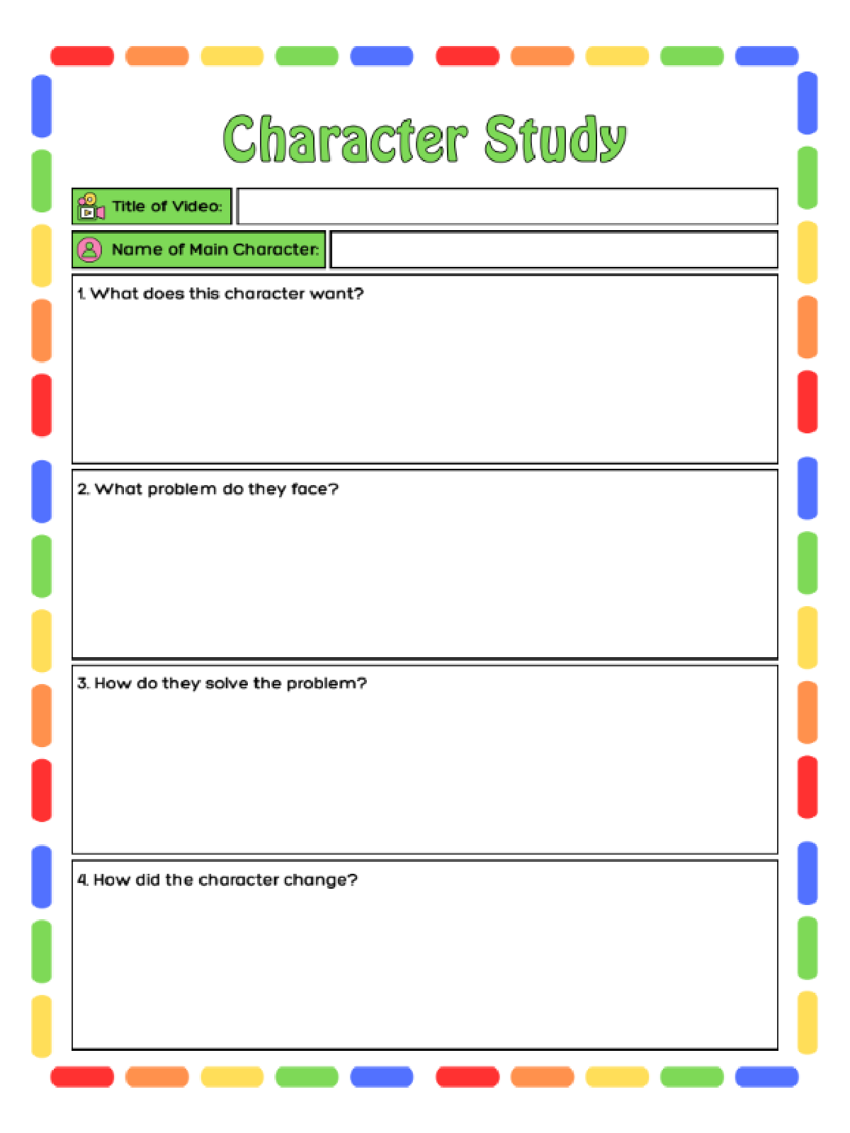 Video Worksheet- Character study pdf file with spaces to write and colorful dashes- kids activities blog